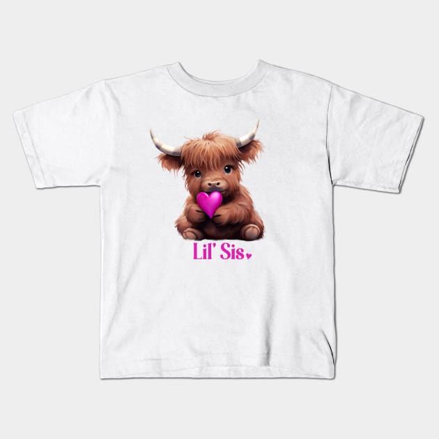 Lil Sis Little Sister Cute Baby Highland Cow Kids T-Shirt by k8creates